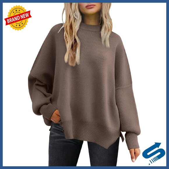 Oversized Batwing Crewneck Sweater Side Slit Pullover Cozy Knit Top